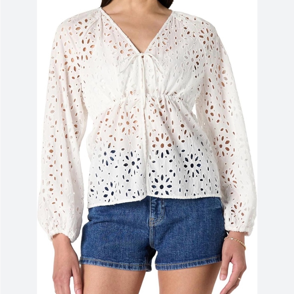 NEW! The Drop Women’s White Eyelet LINEN Top, Cover Up, Balloon Sleeves, S